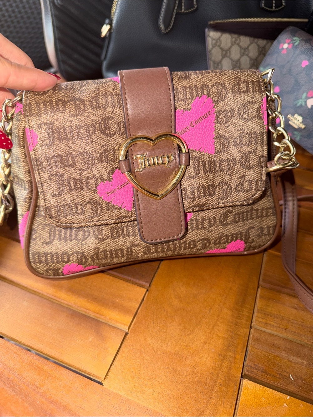 Juicy Couture Brown Crossbody Bag with Pink Heart Accents